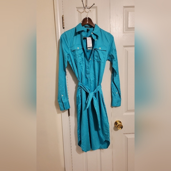 Ralph Lauren Turquoise Long Sleeve Belted Shirt Dress, Size 2 - Picture 2 of 4